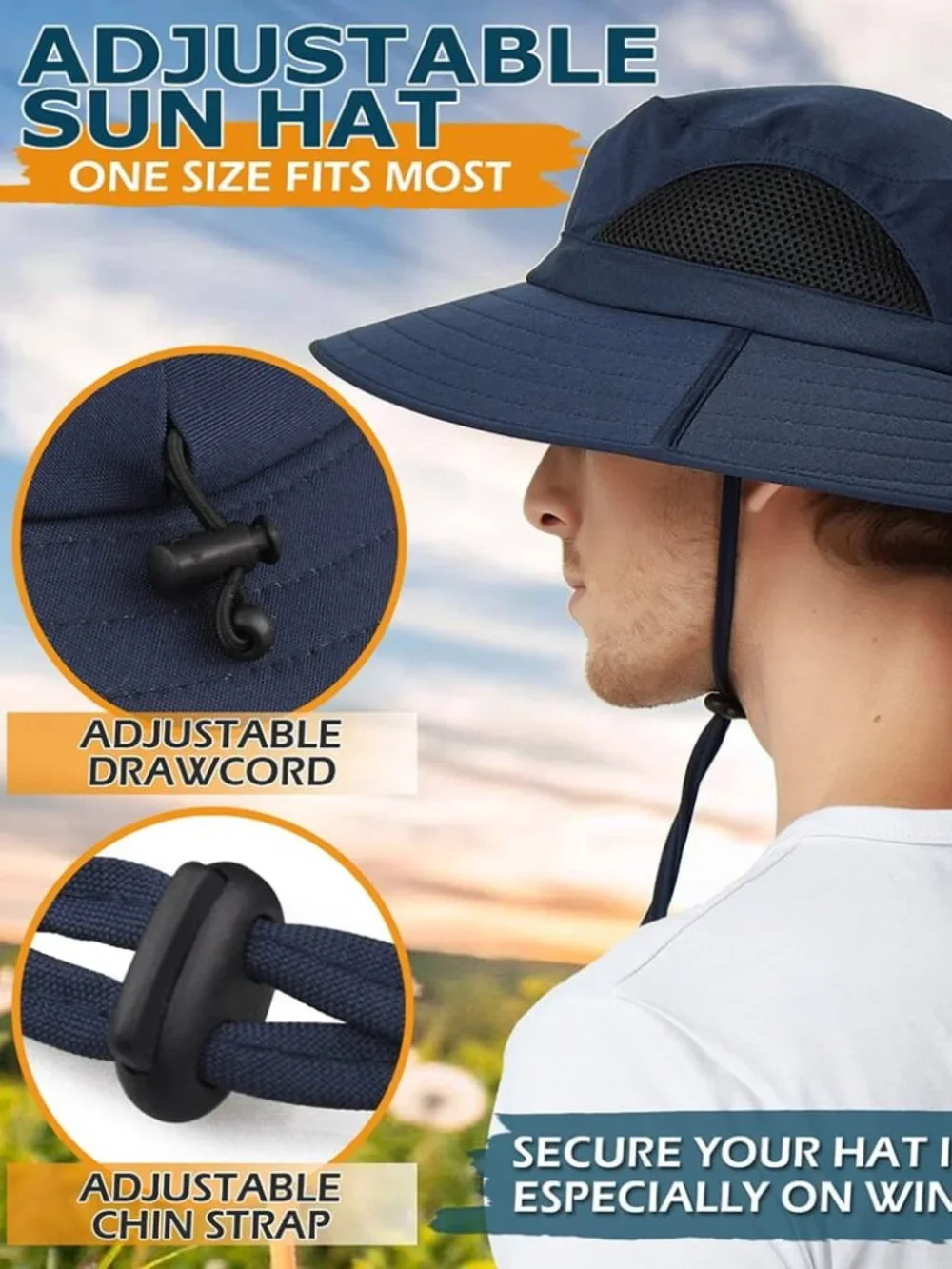 Navy Blue Summer Sun Hat Wide Brim Waterproof Hiking Fishing Boonie Hat